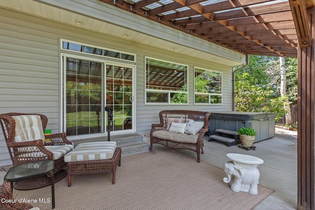 8533 N Tartan Dr, Hayden, ID 83835 - wooden terrace featuring a hot tub, a pergola, and a patio