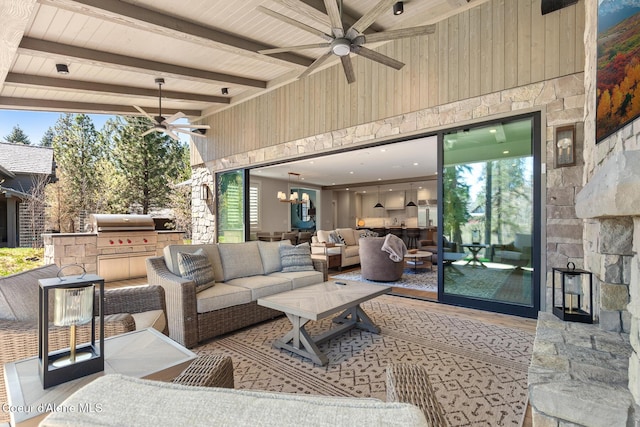 view of patio featuring ceiling fan, grilling area, an outdoor hangout area, and area for grilling