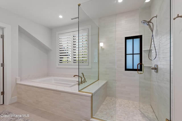 bathroom with visible vents, a garden tub, tile patterned flooring, recessed lighting, and a stall shower