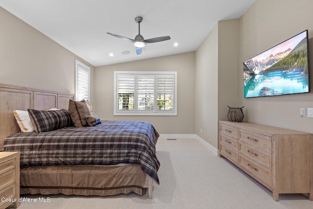 bedroom featuring baseboards, light colored carpet, recessed lighting, a ceiling fan, and vaulted ceiling