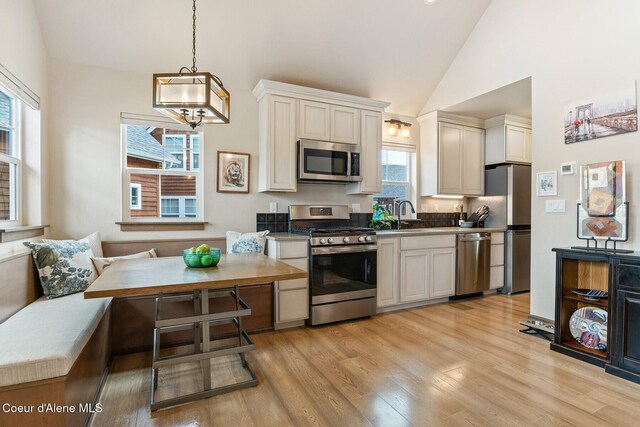 17 Hitchcock Dr, Dover, ID 83825 - kitchen with appliances with stainless steel finishes, light wood-style floors, decorative light fixtures, high vaulted ceiling, and a sink