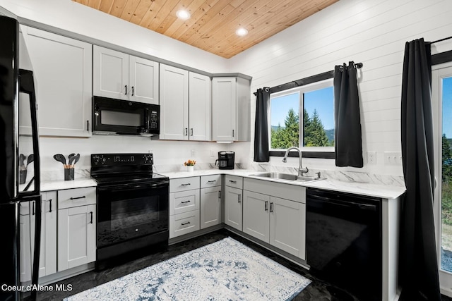 247 Living Waters Way, Priest River, ID 83856 - kitchen with a sink, wooden ceiling, gray cabinetry, black appliances, and recessed lighting