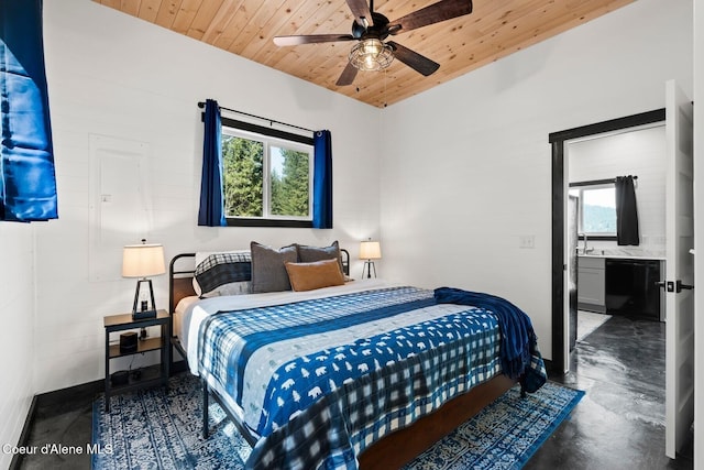 247 Living Waters Way, Priest River, ID 83856 - bedroom featuring finished concrete flooring, wooden ceiling, ensuite bathroom, and a ceiling fan
