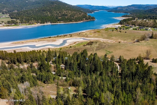247 Living Waters Way, Priest River, ID 83856 - aerial view featuring a water and mountain view and a wooded view