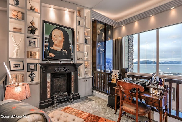 412 Sandpoint Ave Unit 332, Sandpoint, ID 83864 - interior space with a fireplace with flush hearth, built in features, and a water view
