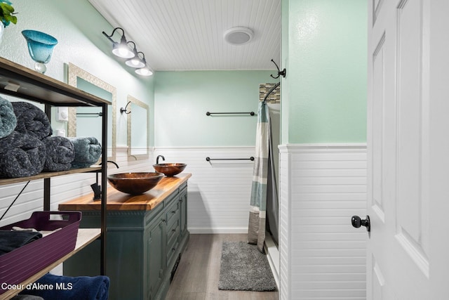 bathroom with a wainscoted wall, curtained shower, vanity, and wood finished floors