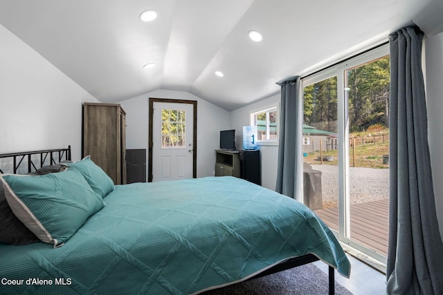 bedroom featuring access to exterior, recessed lighting, and lofted ceiling
