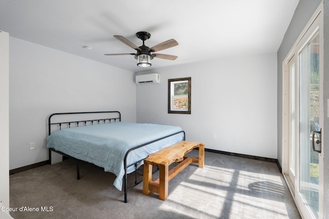 bedroom featuring carpet floors, an AC wall unit, ceiling fan, and baseboards