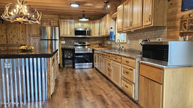 kitchen featuring appliances with stainless steel finishes, tasteful backsplash, wood finished floors, a sink, and a notable chandelier