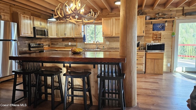 kitchen featuring tasteful backsplash, a sink, a chandelier, stainless steel appliances, and a wealth of natural light