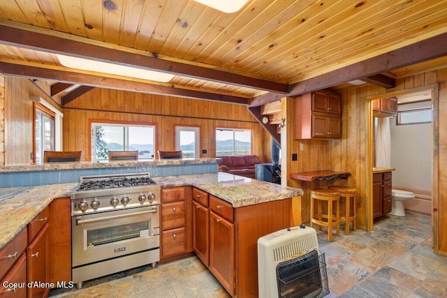 kitchen featuring wooden walls, heating unit, high end stainless steel range, and beam ceiling