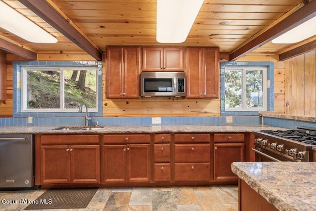 kitchen featuring a sink, wood ceiling, appliances with stainless steel finishes, and wood walls