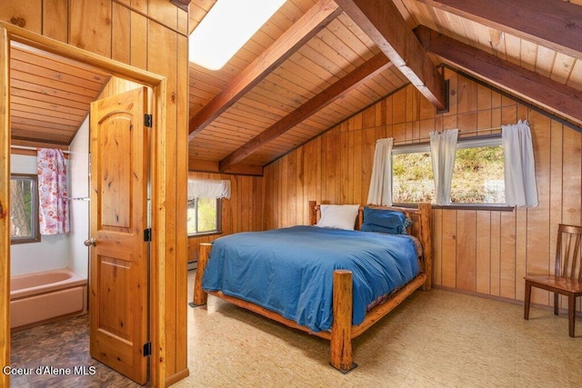 bedroom with wood ceiling, wood walls, multiple windows, and vaulted ceiling with beams