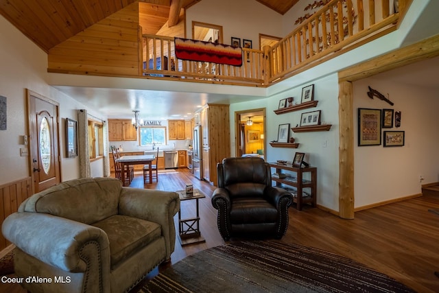 2264 Parker Canyon Rd, Bonners Ferry, ID 83805 - living area featuring dark wood-style flooring, wood ceiling, and high vaulted ceiling