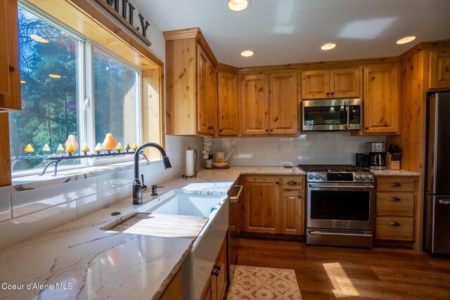 2264 Parker Canyon Rd, Bonners Ferry, ID 83805 - kitchen with appliances with stainless steel finishes, decorative backsplash, dark wood-style flooring, and light stone counters