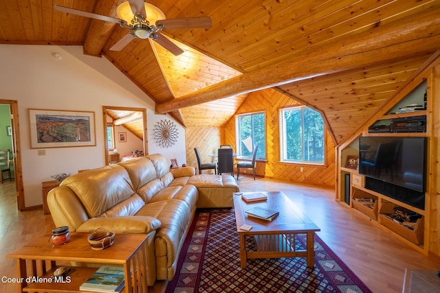 2264 Parker Canyon Rd, Bonners Ferry, ID 83805 - living area featuring wooden walls, ceiling fan, vaulted ceiling with beams, wood finished floors, and wood ceiling