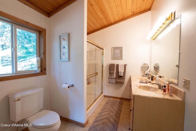 2264 Parker Canyon Rd, Bonners Ferry, ID 83805 - bathroom featuring crown molding, wooden ceiling, a stall shower, and a wealth of natural light