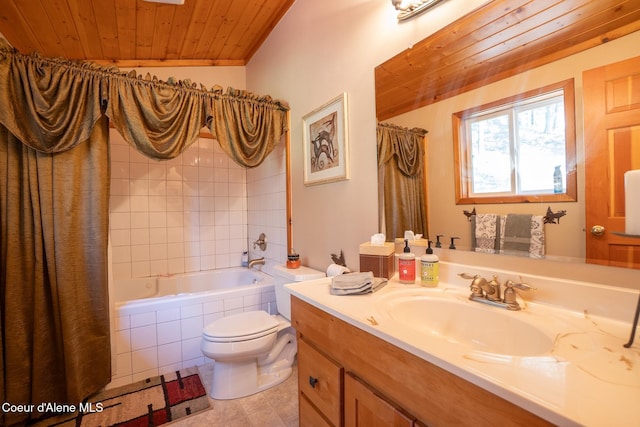 2264 Parker Canyon Rd, Bonners Ferry, ID 83805 - bathroom featuring vanity, toilet, a shower with shower curtain, wood ceiling, and tiled bath