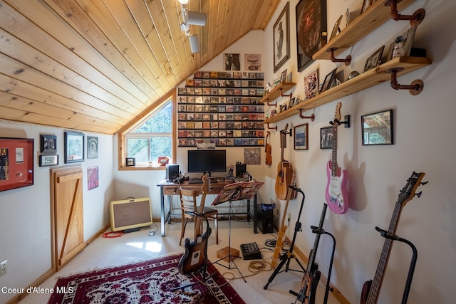 2264 Parker Canyon Rd, Bonners Ferry, ID 83805 - carpeted office space featuring wood ceiling, baseboards, and vaulted ceiling