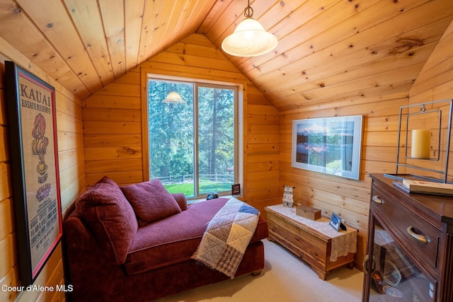 2264 Parker Canyon Rd, Bonners Ferry, ID 83805 - bedroom with wooden ceiling, carpet flooring, wood walls, and lofted ceiling