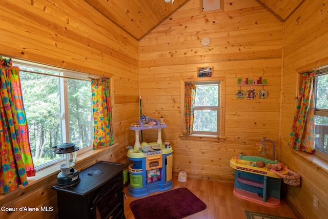 2264 Parker Canyon Rd, Bonners Ferry, ID 83805 - game room featuring wood walls, wooden ceiling, wood finished floors, and lofted ceiling