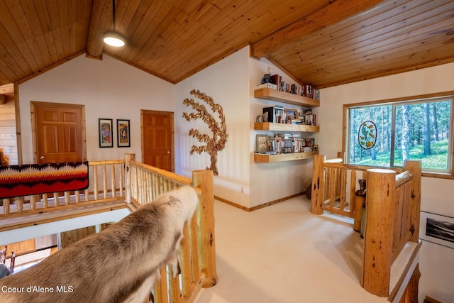 2264 Parker Canyon Rd, Bonners Ferry, ID 83805 - interior space with wooden ceiling, lofted ceiling with beams, and an upstairs landing