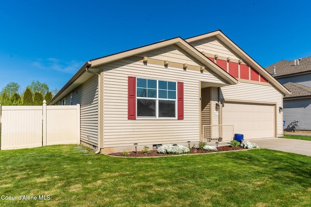 view of front of property with fence, an attached garage, a front lawn, crawl space, and driveway