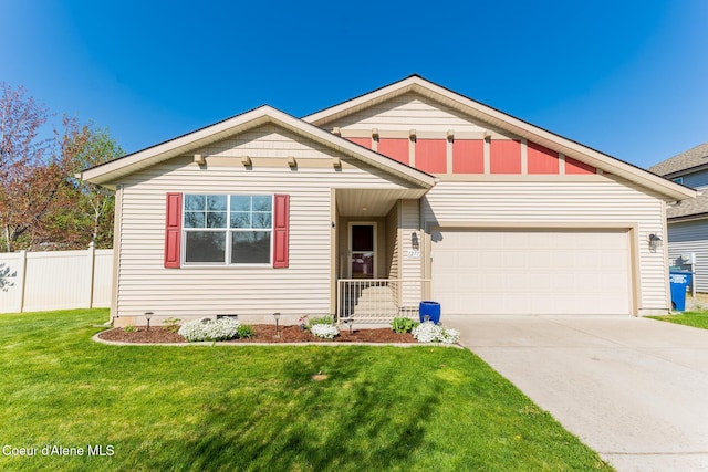 view of front facade with crawl space, driveway, a front yard, a garage, and fence