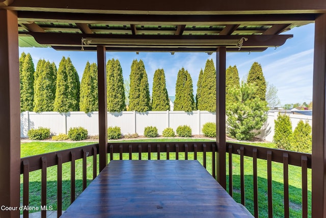 wooden deck with a fenced backyard and a yard
