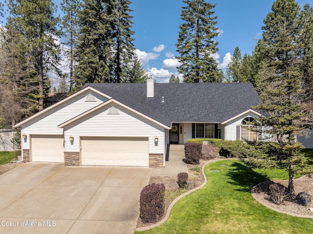 1531 E Twistwood Dr, Hayden, ID 83835 - ranch-style home featuring stone siding, an attached garage, concrete driveway, a front yard, and roof with shingles