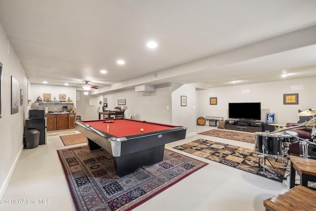 1201 Paradise Valley Rd, Bonners Ferry, ID 83805 - game room featuring billiards table, baseboards, recessed lighting, finished concrete floors, and a ceiling fan
