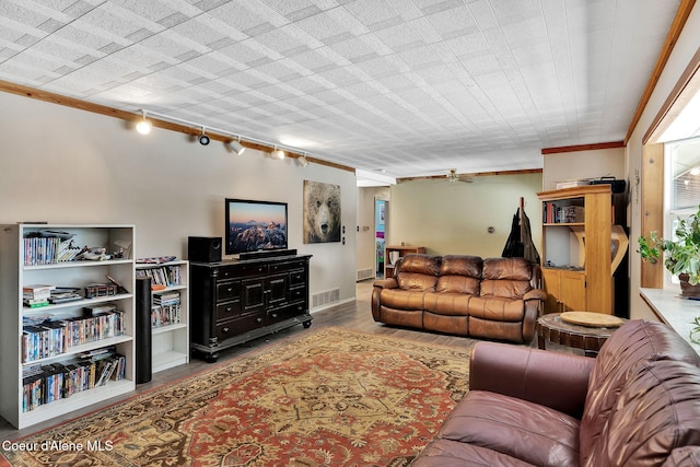 19856 B St Joe River Rd, Calder, ID 83808 - living room featuring a ceiling fan, visible vents, track lighting, and wood finished floors