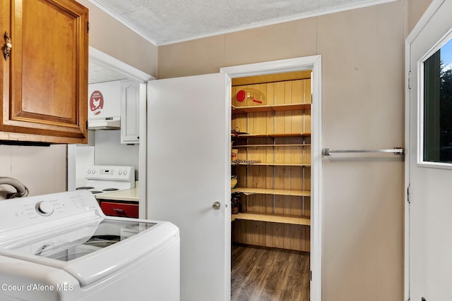 19856 B St Joe River Rd, Calder, ID 83808 - laundry area with crown molding, washer / dryer, cabinet space, and wood finished floors