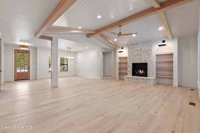 unfurnished living room featuring ceiling fan, visible vents, a fireplace, light wood finished floors, and recessed lighting