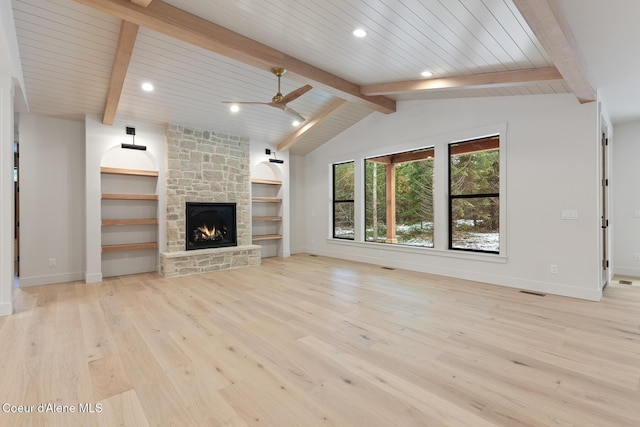unfurnished living room with a ceiling fan, a fireplace, light wood-type flooring, wooden ceiling, and baseboards
