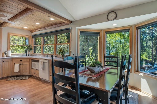 dining room with light wood-style floors, recessed lighting, wood ceiling, and beamed ceiling