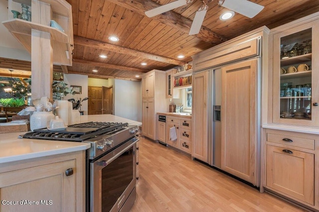 kitchen with paneled built in fridge, stainless steel gas range oven, wooden ceiling, a ceiling fan, and light wood finished floors