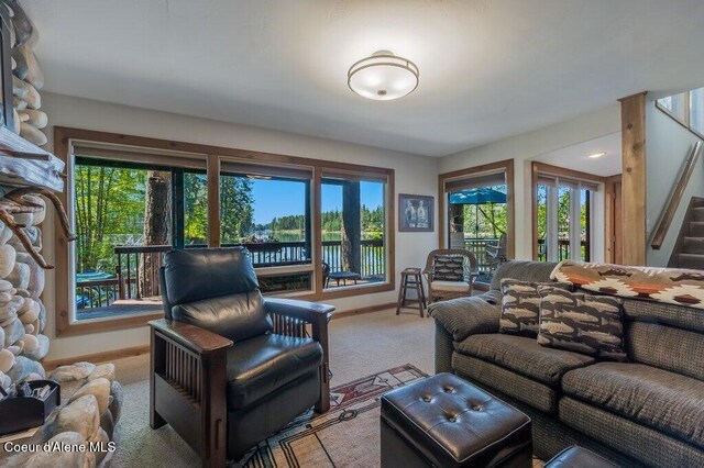 living room featuring baseboards, carpet flooring, and a wealth of natural light