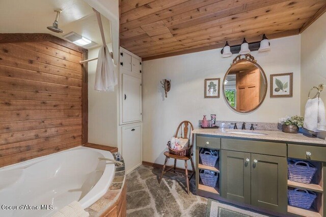 bathroom with walk in shower, vanity, visible vents, wood ceiling, and a bath