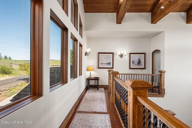 6012 W Quartzite Ln, Coeur Dalene, ID 83814 - hallway with beamed ceiling, wood finished floors, baseboards, wood ceiling, and an upstairs landing