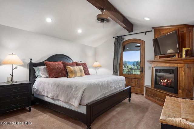 6012 W Quartzite Ln, Coeur Dalene, ID 83814 - carpeted bedroom featuring access to exterior, a fireplace, ceiling fan, and recessed lighting