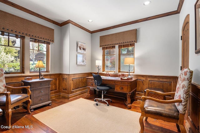 6012 W Quartzite Ln, Coeur Dalene, ID 83814 - office with healthy amount of natural light, a wainscoted wall, crown molding, dark wood-style flooring, and recessed lighting