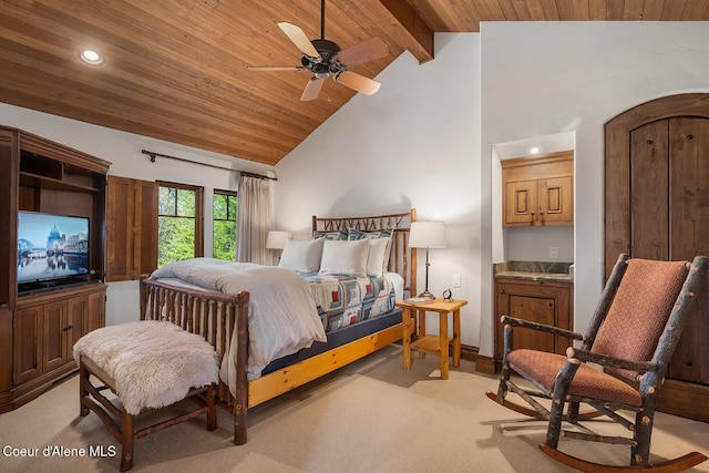 6012 W Quartzite Ln, Coeur Dalene, ID 83814 - bedroom with wooden ceiling, light colored carpet, recessed lighting, beam ceiling, and high vaulted ceiling