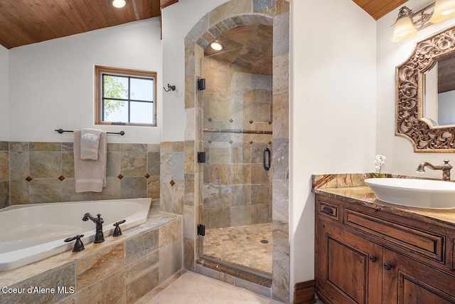 6012 W Quartzite Ln, Coeur Dalene, ID 83814 - full bathroom with lofted ceiling, wooden ceiling, a bath, a shower stall, and vanity