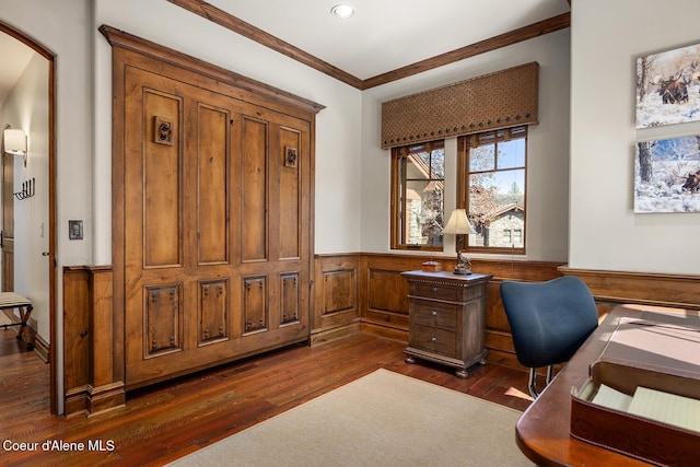 6012 W Quartzite Ln, Coeur Dalene, ID 83814 - office area with dark wood-style flooring, a wainscoted wall, ornamental molding, arched walkways, and recessed lighting