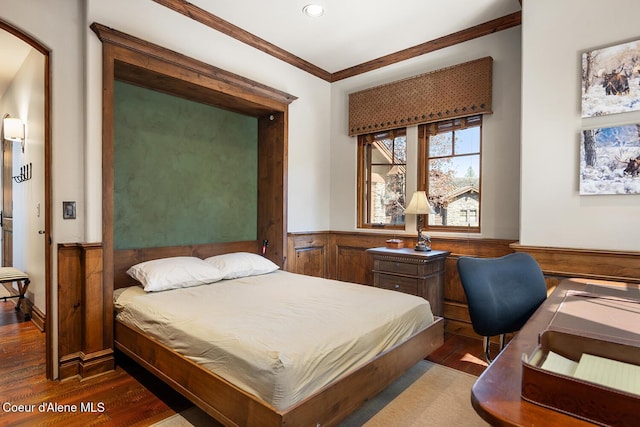 6012 W Quartzite Ln, Coeur Dalene, ID 83814 - bedroom featuring a wainscoted wall, ornamental molding, wood finished floors, recessed lighting, and arched walkways