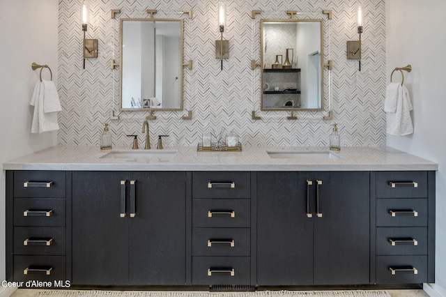 17056 S Lazurite Dr, Coeur Dalene, ID 83814 - full bathroom with double vanity, a sink, backsplash, and tiled shower