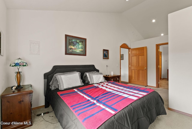 850 Hoop Loop, Priest River, ID 83856 - bedroom with carpet floors, baseboards, high vaulted ceiling, and recessed lighting