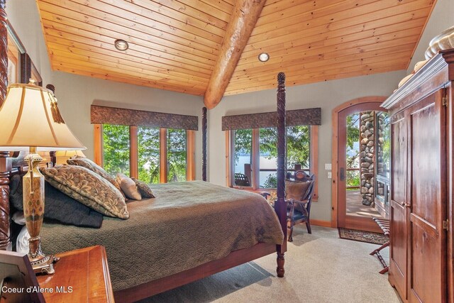 carpeted bedroom featuring wooden ceiling, access to exterior, and french doors