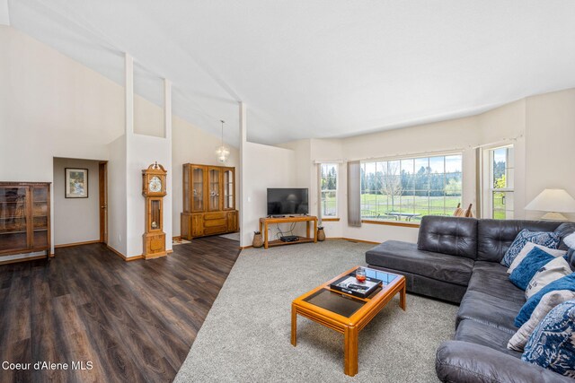 6035 W Conkling Rd, Worley, ID 83876 - living area with baseboards, high vaulted ceiling, and dark wood-type flooring